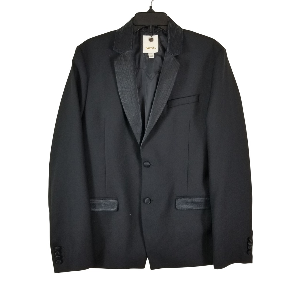 Diesel Blazer Men Size L Black Wool Blend Tuxedo Contrast Lapel Two Button